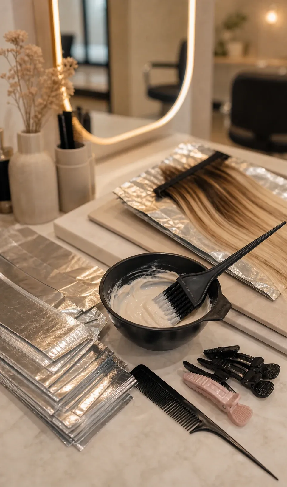 Mezcla de aclarado, brocha y un mechón de cabello rubio sobre papel de aluminio, preparados para un balayage.