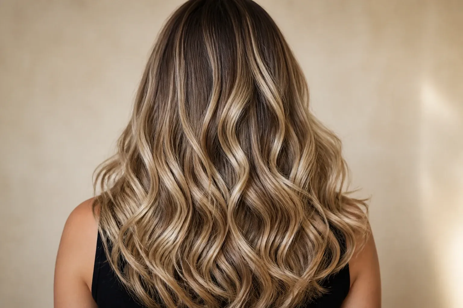 Resultado de balayage rubio con dimensión natural.