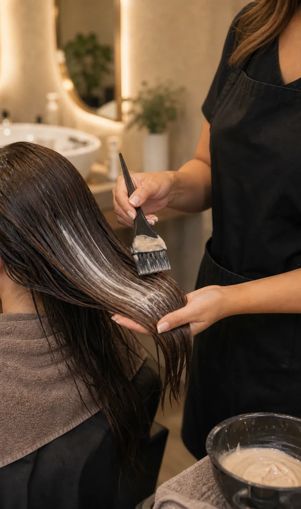 Aplicación de tratamiento nutritivo en el cabello.